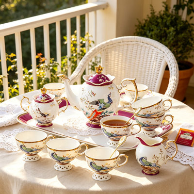 Bone China Tea Set for Adults with Teapot, 21-Piece Porcelain Tea Party Set for 6, Vintage Floral Fine Bone China Tea Set with 24K Gold Accents, English Tea Set for Women, Gift Ready Red-Phoenix
