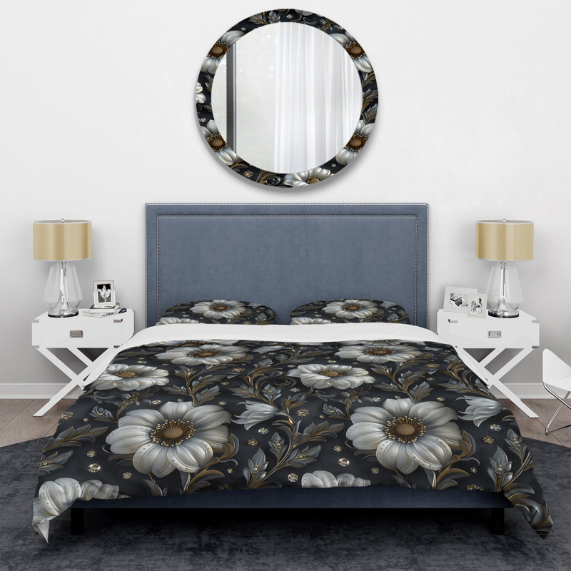 Grey Silver Sparkling Flower Glam III - Glam Duvet Cover Set, King Duvet Cover + 2 King Pillow Shams