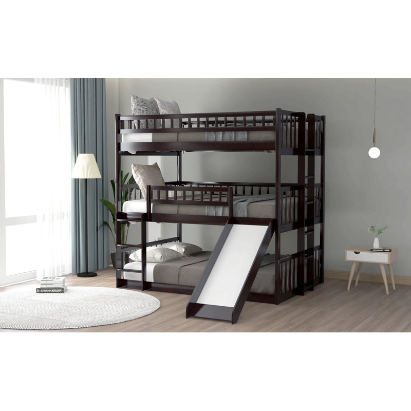 Full-Over-Full-Over-Full Triple Bed With Built-In Ladder And Slide , Triple Bunk Bed With Guardrails