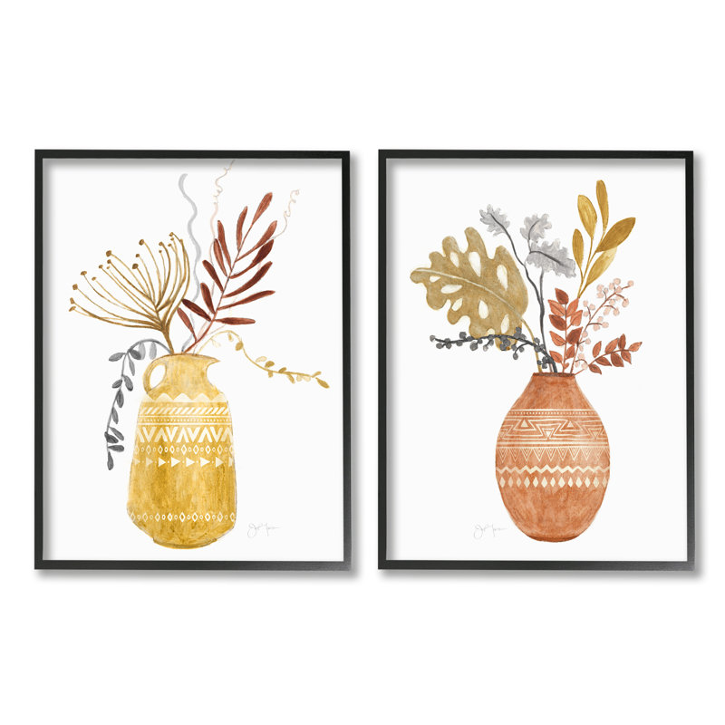 Arrangement botanique boho fleurs sauvages Vase à motifs aztèques Tava Studios, Giclée encadrée noir minuit