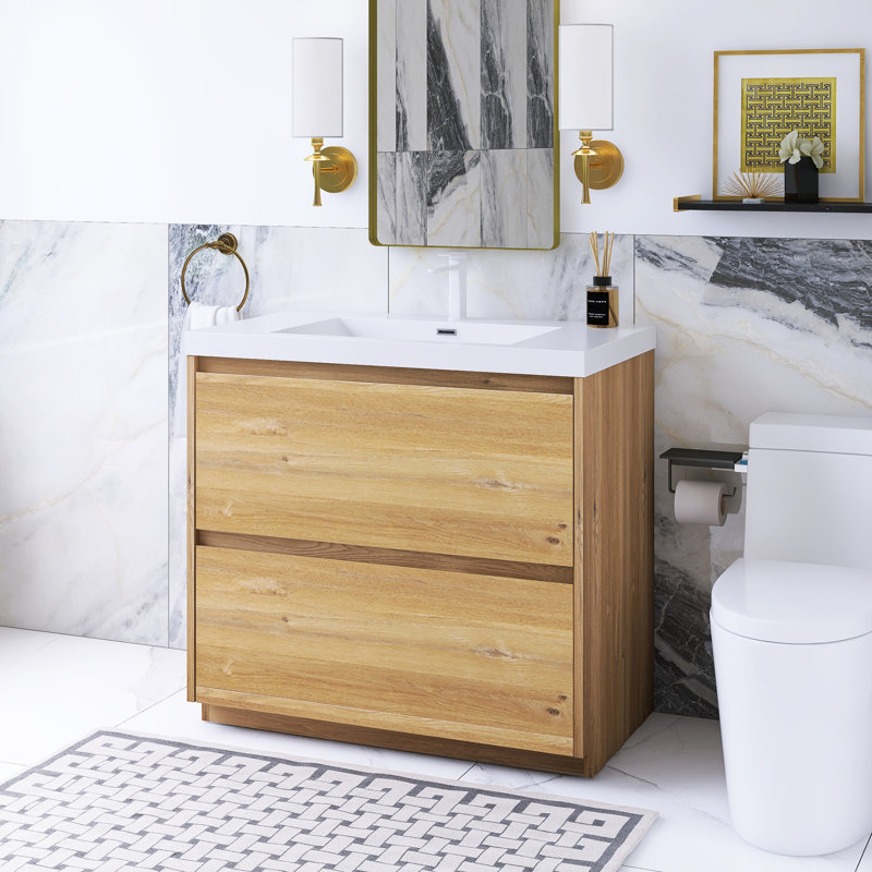 35,43 po W Meuble-lavabo autoportant en chêne avec résine blanc brillant