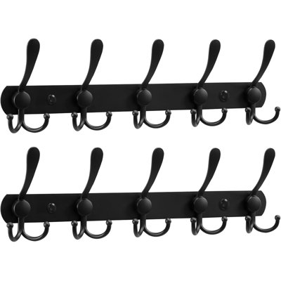 Wall-Mount Metal Coat Hook Rack, Black Heavy-Duty Hanging Rail For Clothes