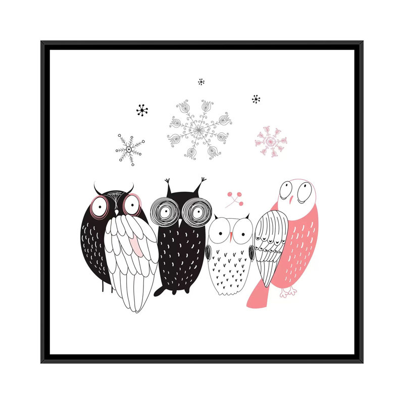 « hibou line-up », impression sur toile, H 18 po x l 18 po x P 1,5 po, Toile encadrée noire