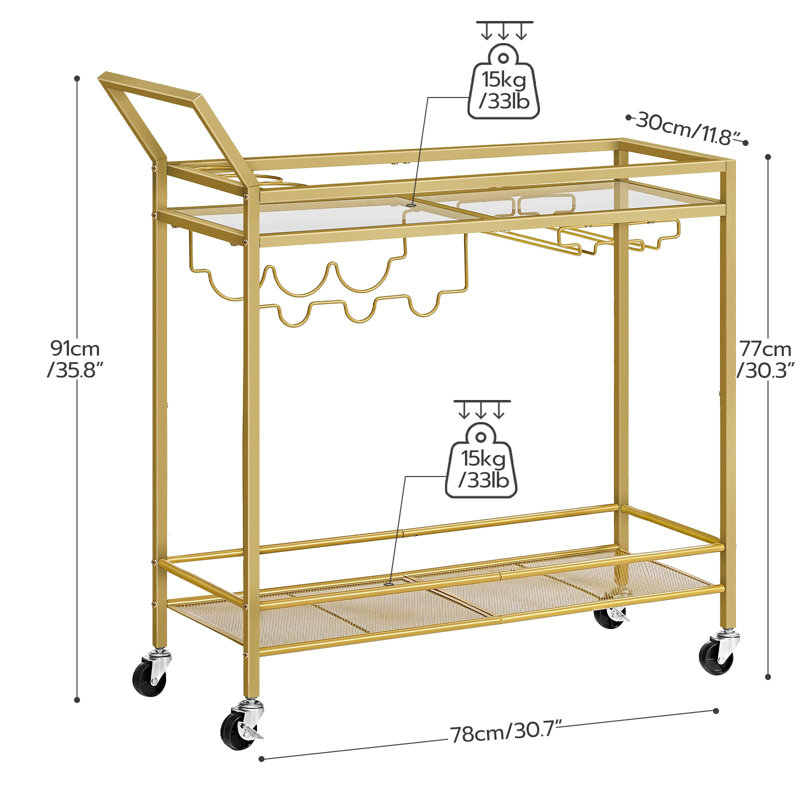 Gold Metal 2-Tier Bar Cart with Wine Rack and Glass Holder