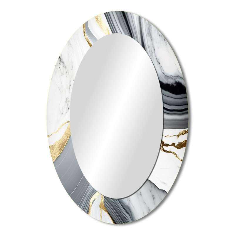 Abstrait géométrique en marbre gris vagues II - décor de miroir mural ovale gris, 36 po x 24 po