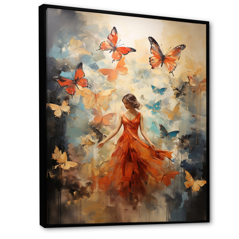 «Butterfly and Woman Dance» - Art mural sur toile, Cadre flottant noir, H 32 po x l 16 po x P 1 po
