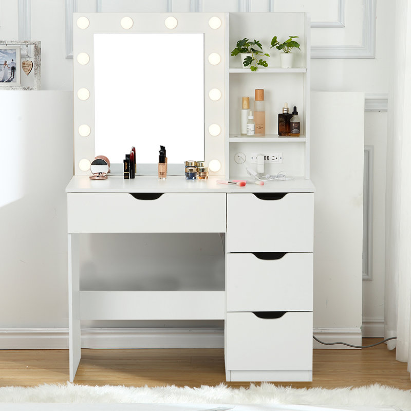 Meuble-lavabo 35 po avec lumières miroir, 4 tiroirs et multiprise, éclairage réglable pour la chambre à coucher, Blanc
