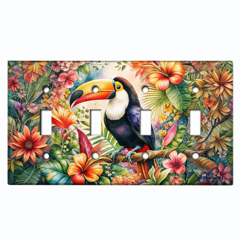 Couvercle de plaque d'interrupteur en métal; Bascule 4 bandes US standard - Toucan tropical, # 4 Quad bascule