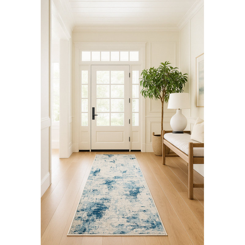 Rug Branch Amara 2' x 12' (2'3" x 12') Blue/Cream Abstract Indoor Runner Rug, Contemporary, Medium Pile, Stain-Resistant Hallway Carpet - Entryway, Mudroom, Bedroom, and Kitchen