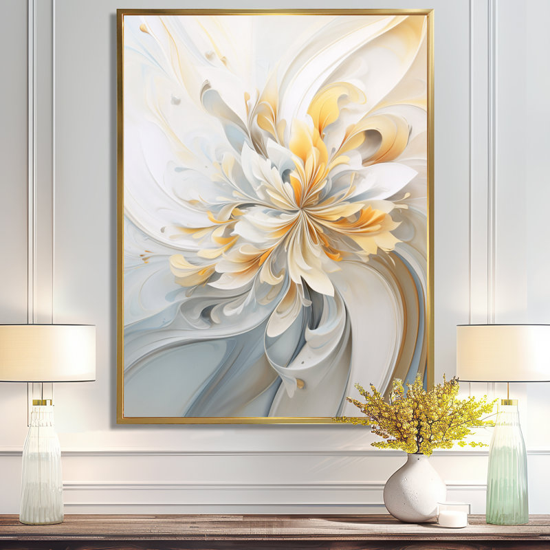 «Whirling Flower Dynamics Gold and White», impression d'art floral moderne, Cadre flottant doré, H 32 po x l 16 po x P 1 po