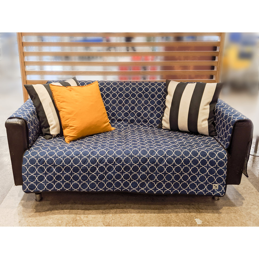 Cotton Navy Geometric Box Cushion Loveseat Slipcover Red Barrel Studio® 