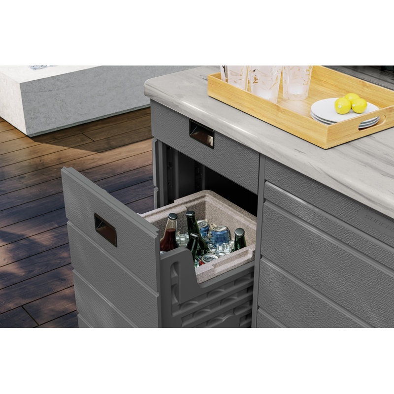 Suncast Backyard Oasis Water Resistant Entertainment Bar with Pull-Out Drawers and Shelving Space, Gray