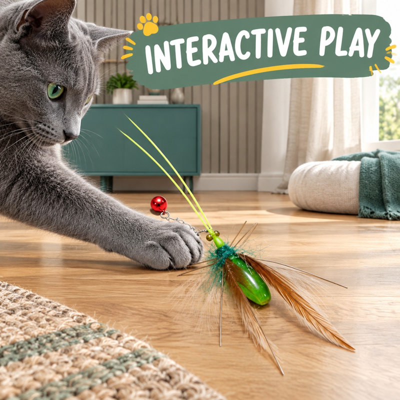 Ce paquet de 4 fournit des recharges de plumes de remplacement dans les conceptions d'insectes et de sauterelles en tant qu'accessoires interactifs de baguette d'accroche pour le jeu et l'exercice de chaton d'intérieur.