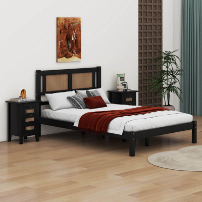 3-Pieces Bedroom Sets Full Size Wooden Platform Bed With Natural Rattan Headboard And Nightstands