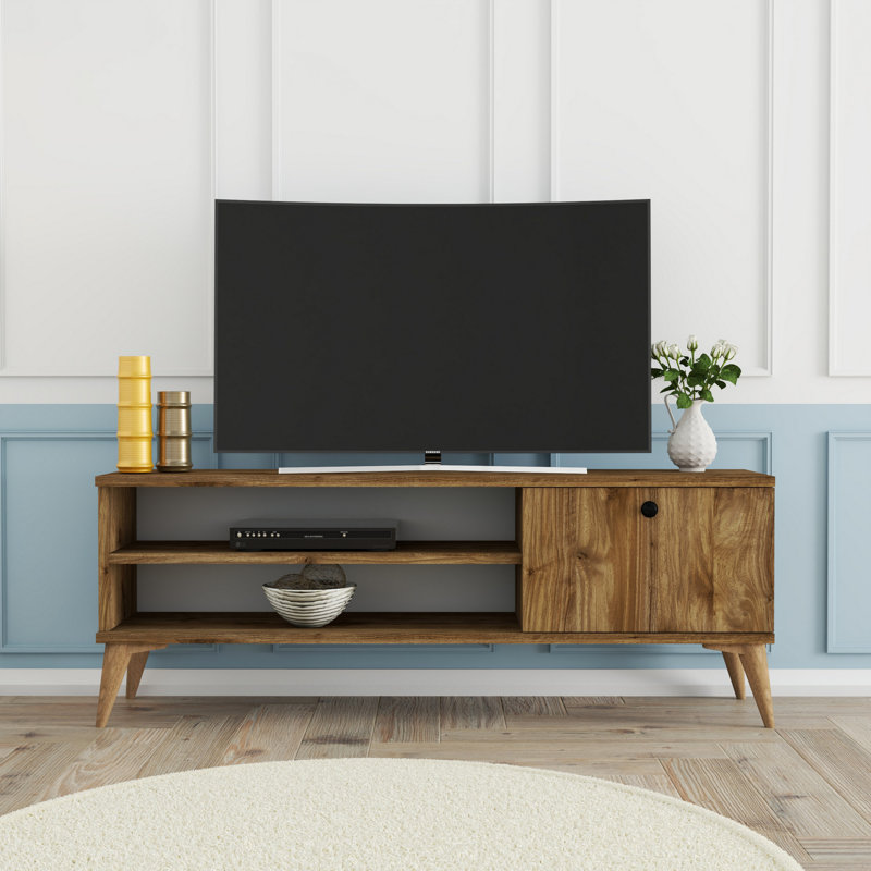 Meuble télé rustique en noyer de 47,2 po x 17,6 po x 11,6 po | 100% panneau de particules enduit de mélamine, épaisseur de 0,71 po | Comprend de nombreuses tablettes, une conception murale, une esthétique bohème et scandinave élégante