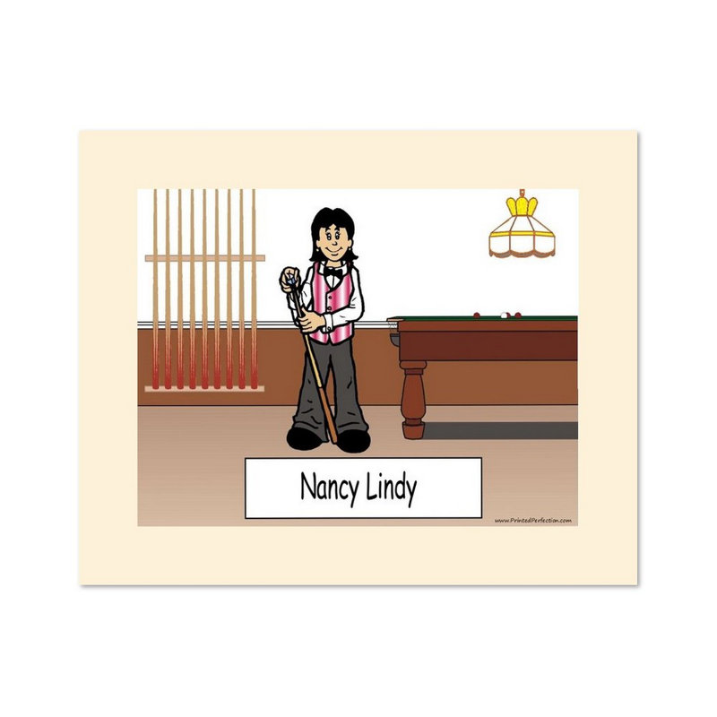 Personalized Pool Player, Billiards - Female Cartoon Caricature with a Mat, Ready to Frame, Yes