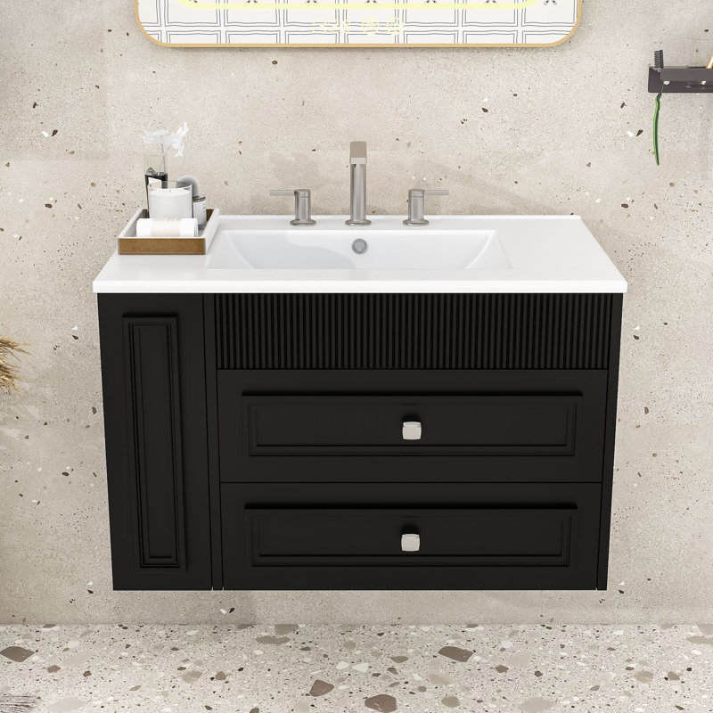 Meuble-lavabo mural avec lavabo intégré, grand espace de rangement, Noir