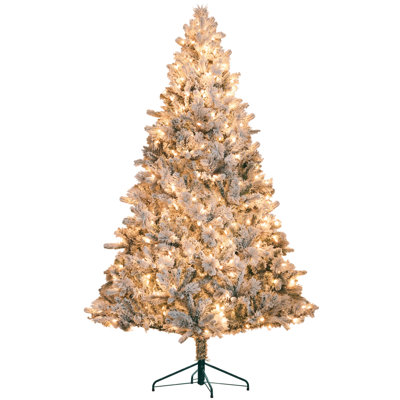 Pre-Lit Artificial Christmas Tree With Clear Lights And Tips, Snow Flocked Christmas Tree With Metal Stand, Hinged Xmas Tree For Home Office Holiday, Green