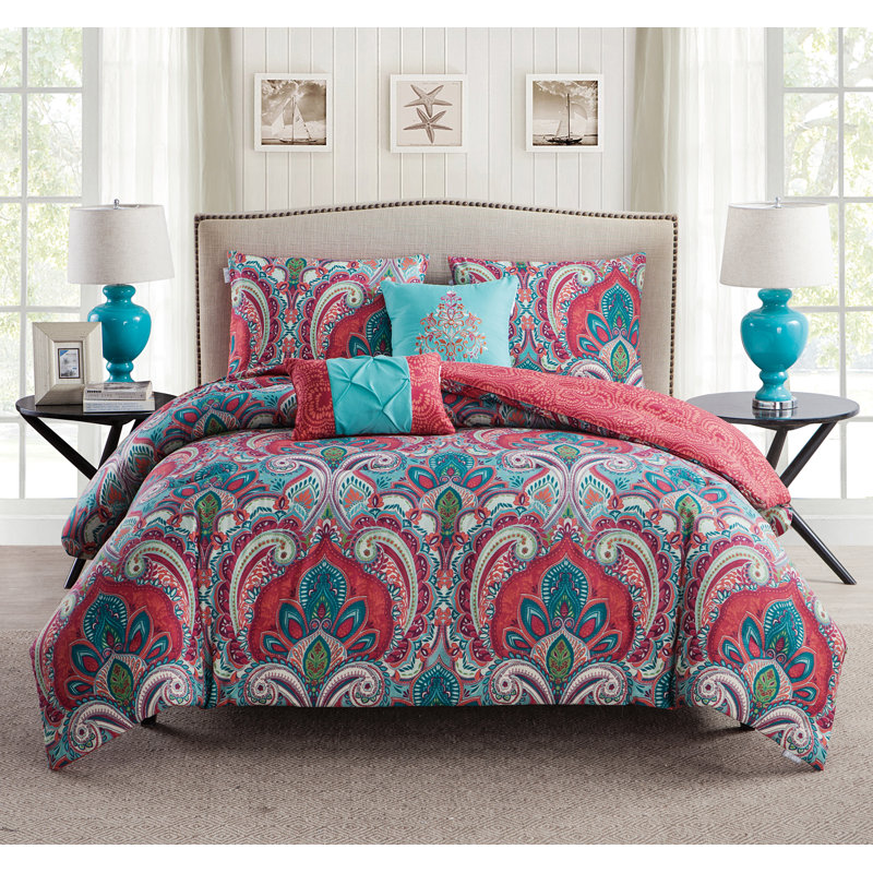 Full Coral Microfiber Reversible Comforter Set with Decorative Pillows