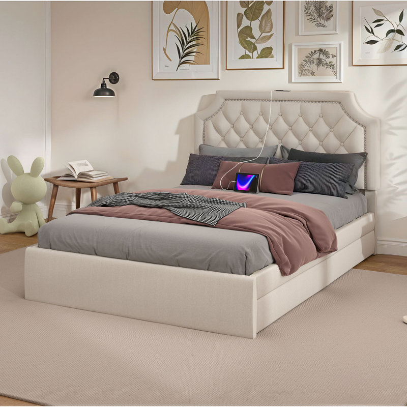 Lit de rangement rembourré en velours moelleux, Beige, Double