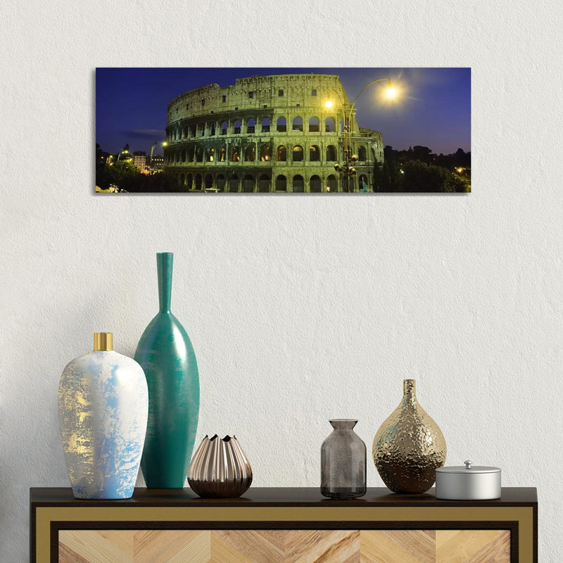 Ancient Building Lit Up At Night, Coliseum, Rome, Italy - Wrapped Canvas Panoramic Print, 30.48 cm H x 91.44 cm W x 1.91 cm D