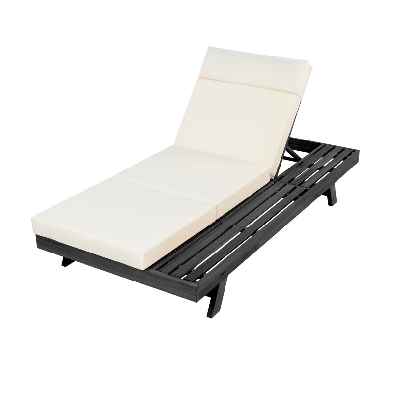 Porter Patio Acacia Wood Chaise Lounge with Adjustable Back & Tri-Fold Headrest Cushion, Beige Cushion/Black Frame