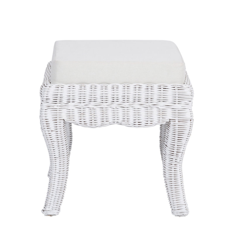 Rowan 18.5" Coastal Woven Rattan Vanity Stool with White Upholstered Cushion, White Distressed Mango Wood Backless Makeup Chair for Bedroom & Bath