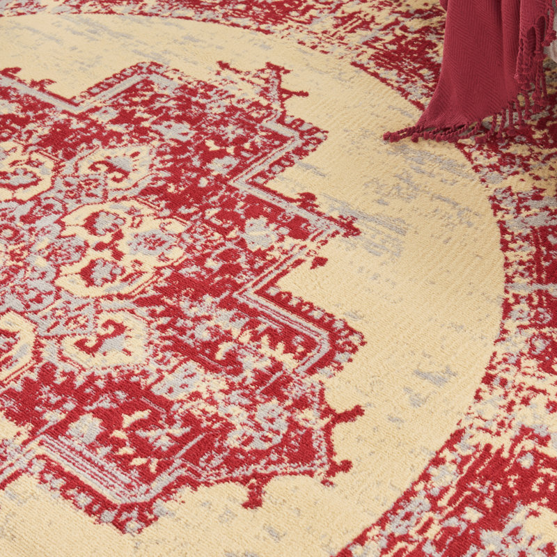 Burnie Oriental Cream/Red Area Rug, Round 5'3"