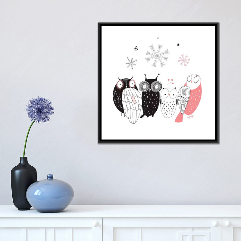 « hibou line-up », impression sur toile, H 18 po x l 18 po x P 1,5 po, Toile encadrée noire