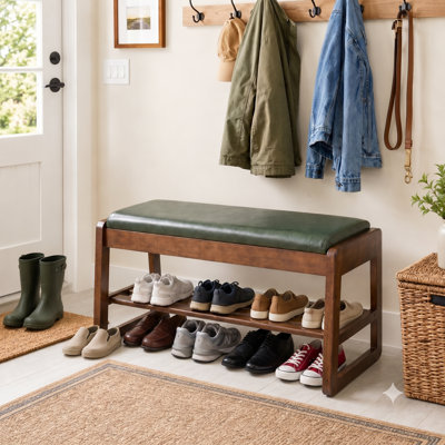 2-Tier Upholstered Reception Bench with Flip-Top Storage and Open Shelf