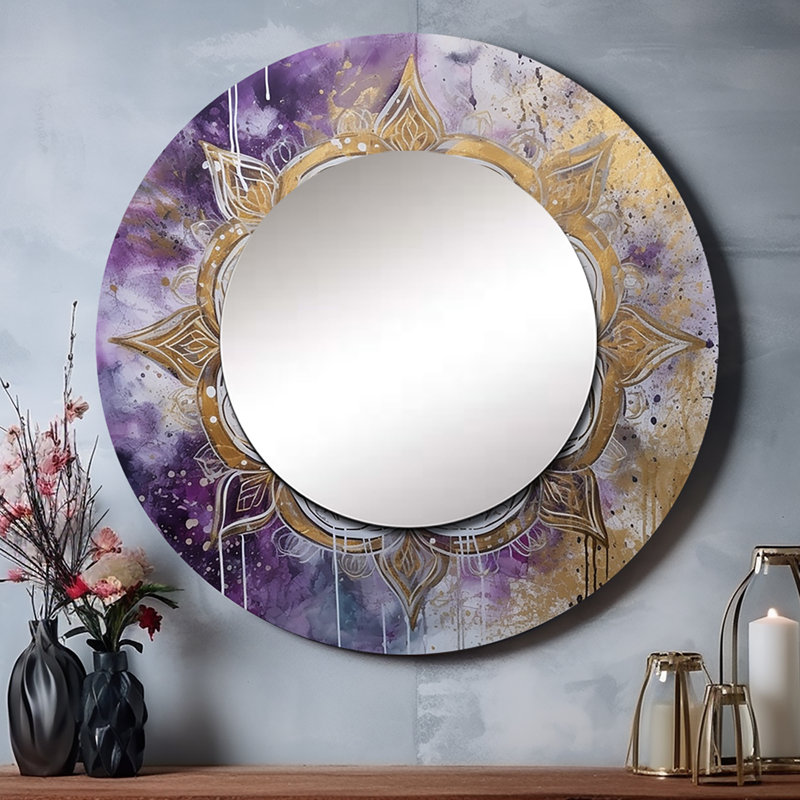 Haliegh mauve et doré Mandala I - miroir boho mandala, miroir mural rond unique mauve, impression sur métal, 36 po x 36 po