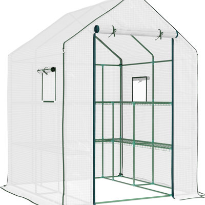 Serre de jardin de 1,40 m x 1,43 m avec étagères à légumes à 2 niveaux, blanche, de plain-pied, couleur blanc cassé