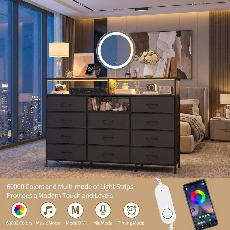 Dresser for Bedroom with LED Lights & Charging Station, 11 Drawer Dressers & Chests of Drawers, Steel Frame, Wood Top, 55 ” Fabric Dresser TV Stand for Bedroom,Hallway, Storage Organization, Entryway