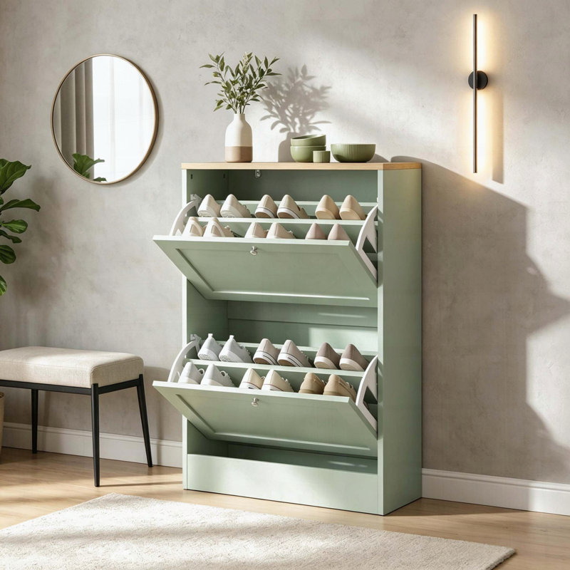 Range-chaussures moderne avec tablettes réglables, Vert, chêne clair
