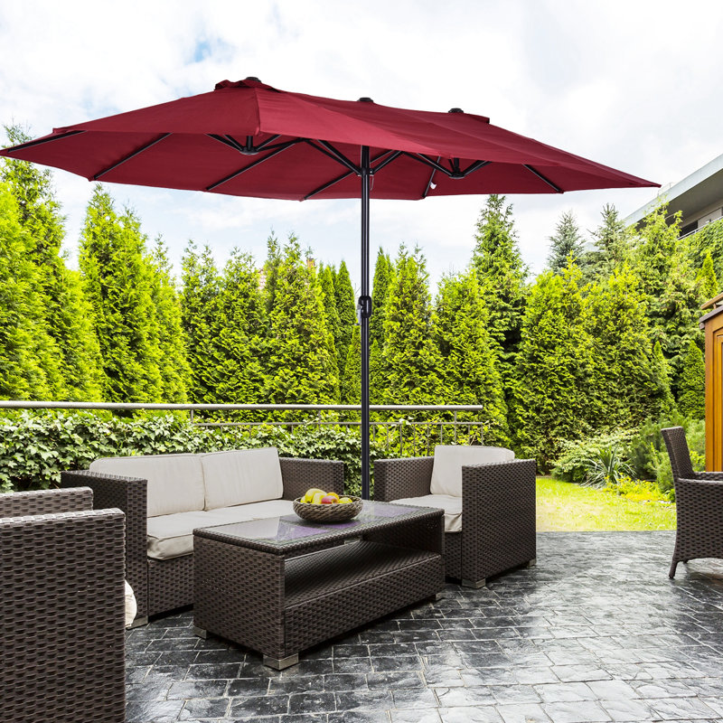 Très grand parasol de patio de 15 pi, double, base stable - rouge vin pour la cour arrière, grand parasol de piscine, double avec circulation d'air, terrasse
