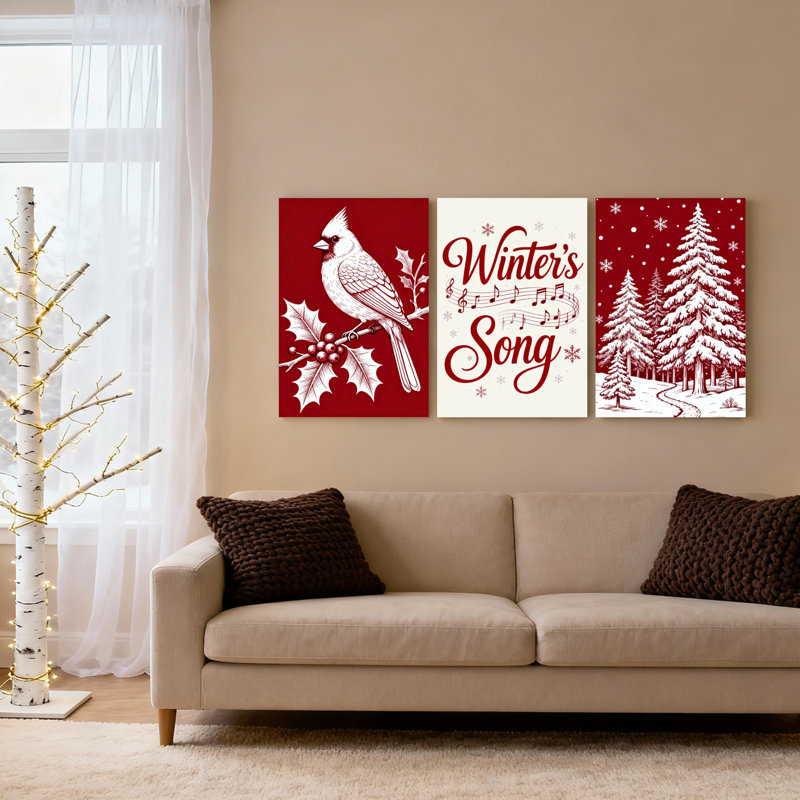 Cardinal, houx et forêt d'hiver, art mural sur toile tendue, impression de vacances de Noël (ensemble de 3)