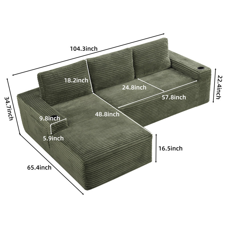 Canapé modulaire en forme de L de style Boneless de 104 po de style Boneless, Velours côtelé vert, Face à la gauche