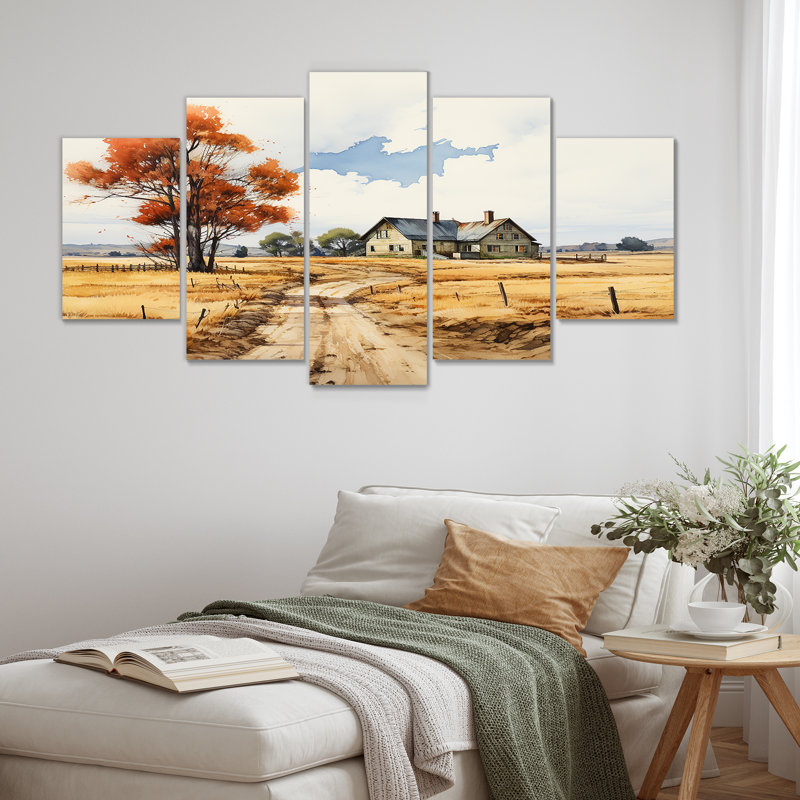 «Rustic Country House Autumn Road - Landscape Wall Art Decor», 5 pièces, H 32 po x l 60 po