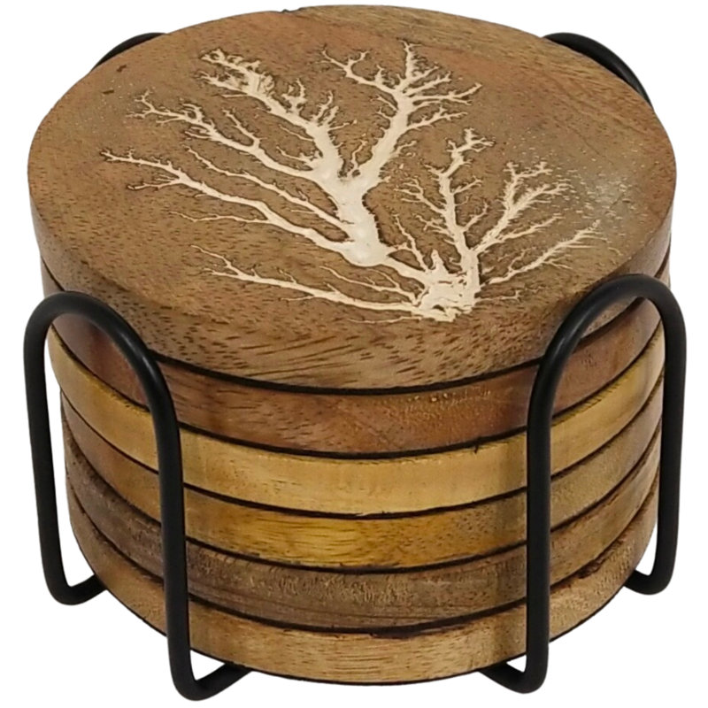 Ensemble de sous-verres géométriques en bois avec support, Brun / blanc, Éclair