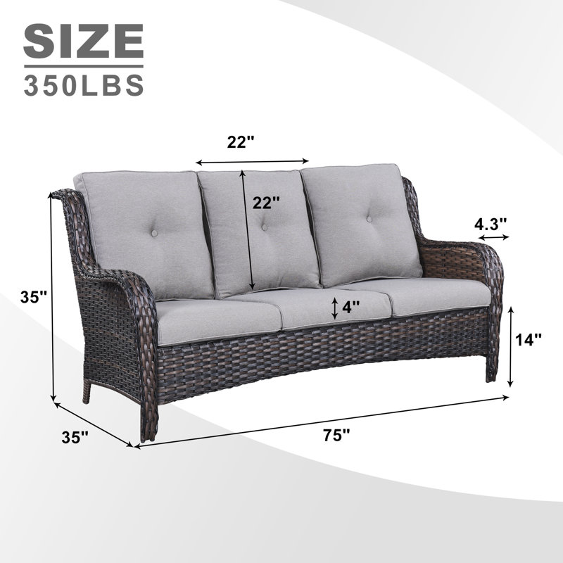Canapé d'extérieur en osier de 75 po avec coussins Bonia, Gris, Brun