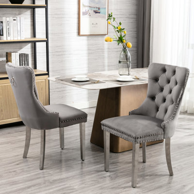 High Dining Chair , Gray Velvet, Stainless Steel Legs, Wing Back Shape, Foam Filled, Constructed With Rubberwood Modern Upholstered Pair, Back, Padding