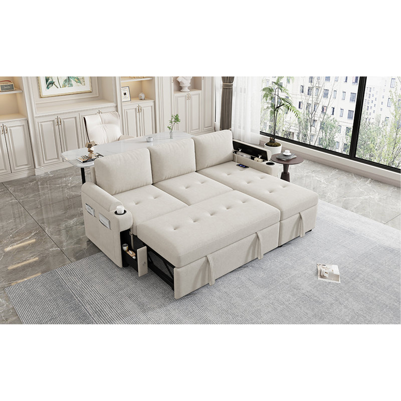 83.5" L-Shaped Sofa Couch Convertible Sofa Bed Sectional Sofa With Ample Storage Space, Two Cup Holders And Two USB Ports For Living Room, Beige