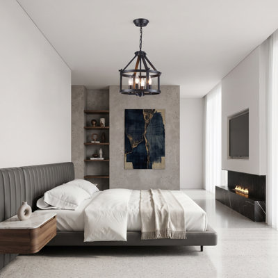 Lustre lanterne en cage ronde à 4 lumières de 35 cm (13,7 po) à intensité variable, style industriel campagnard, en métal, luminaire de plafond de type bougie pour salle à manger, hall d'entrée, îlot de cuisine