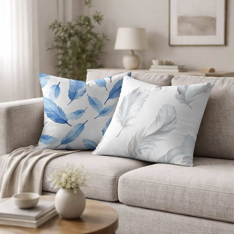 Coastal Decorative Pillow - Blue Feather Blue Printed Throw Pillow, H 18 po x l 18 po