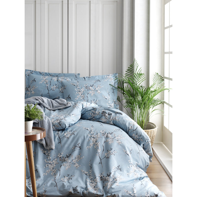 Ensemble de housse de couette 100% coton bleu / blanc, Housse de couette 94 po x 87 po + 2 taies d'oreill, Bleu clair