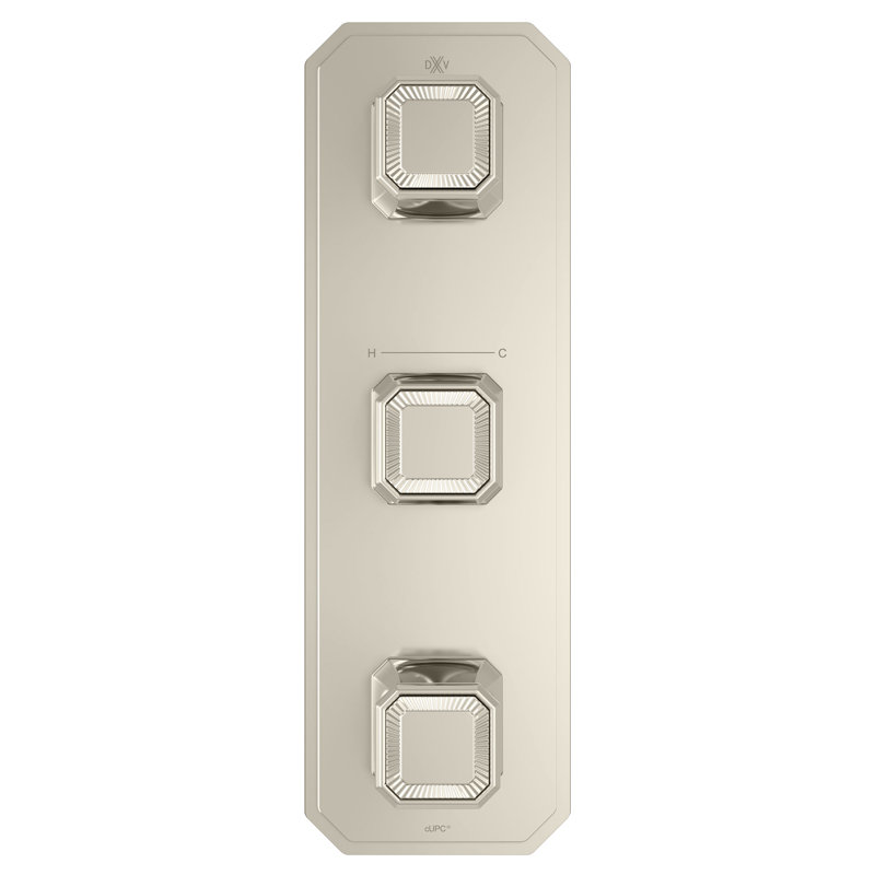 Belshire Three-Handle Thermostatic Valve Trim With Cushion Handles, Platinum Nickel