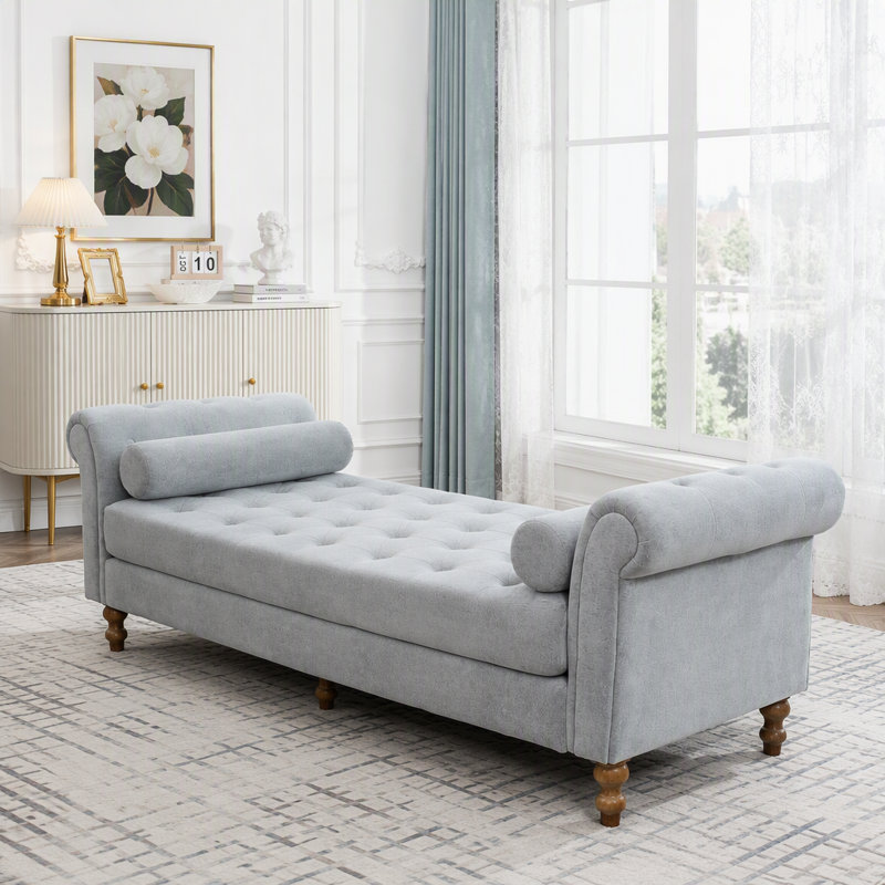 Banc rembourré avec accoudoirs et 2 traversins, Gray Chenille