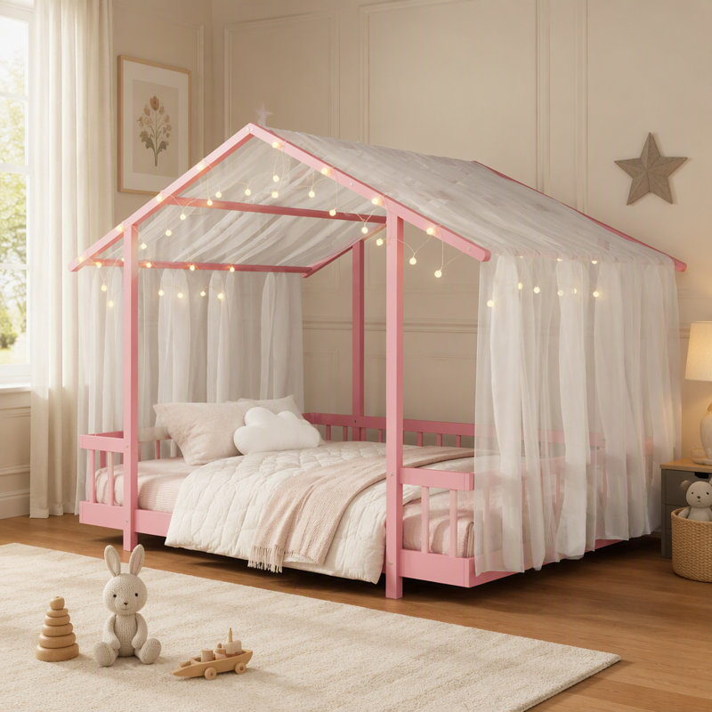 Lit plateforme double avec baldaquin en tissu transparent et guirlandes lumineuses, Full / Double, Pink