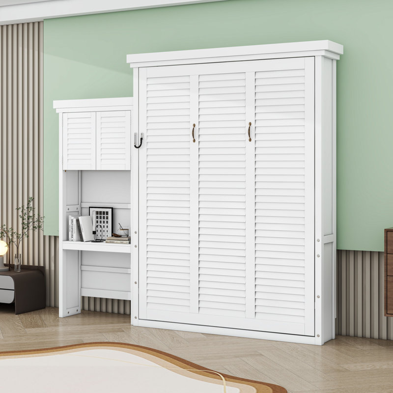 Grand lit escamotable avec persiennes et plusieurs tablettes de rangement, Blanc