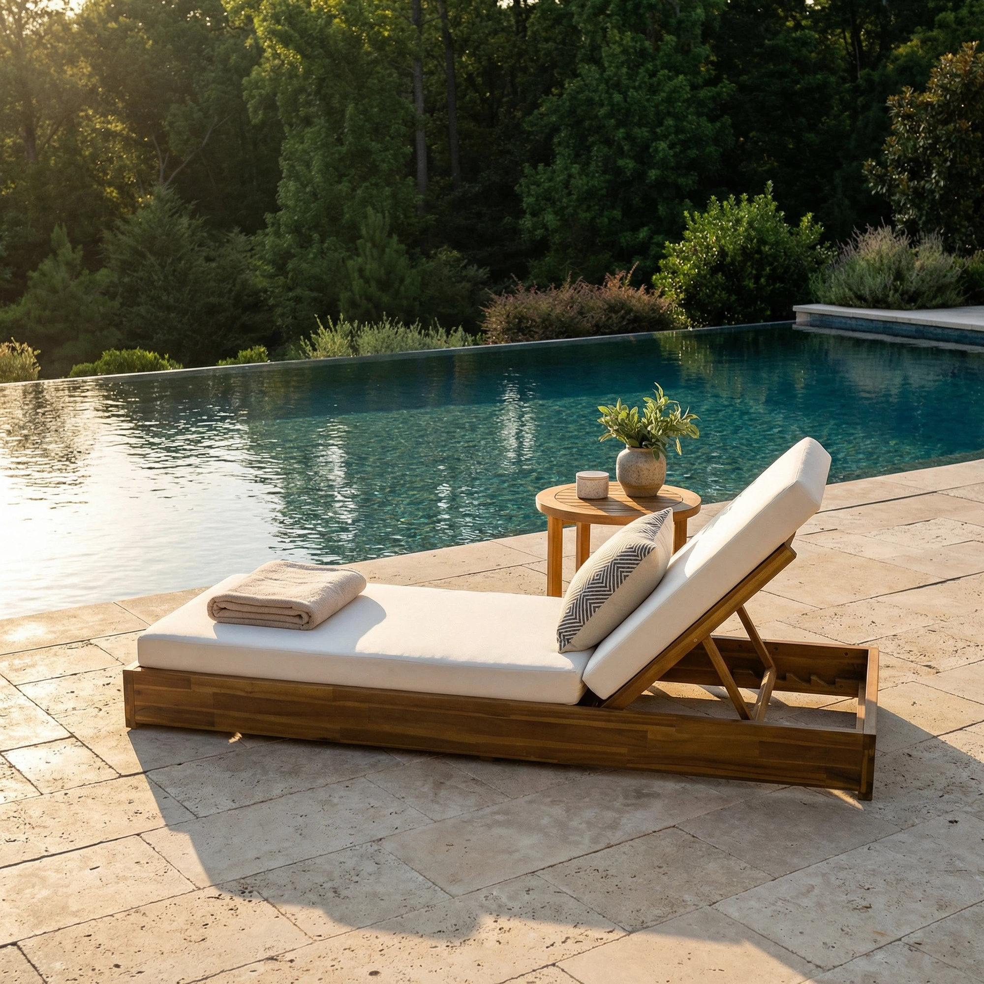 Leite 79" Long Reclining Outdoor Acacia Chaise Lounge Set with Cushions, Cream Cushion/Teak Frame, Set of 1